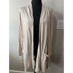 J. Jill Love Linen Cardigan Sweater XL Beige Open Front Ruched Sleeve 100% Linen